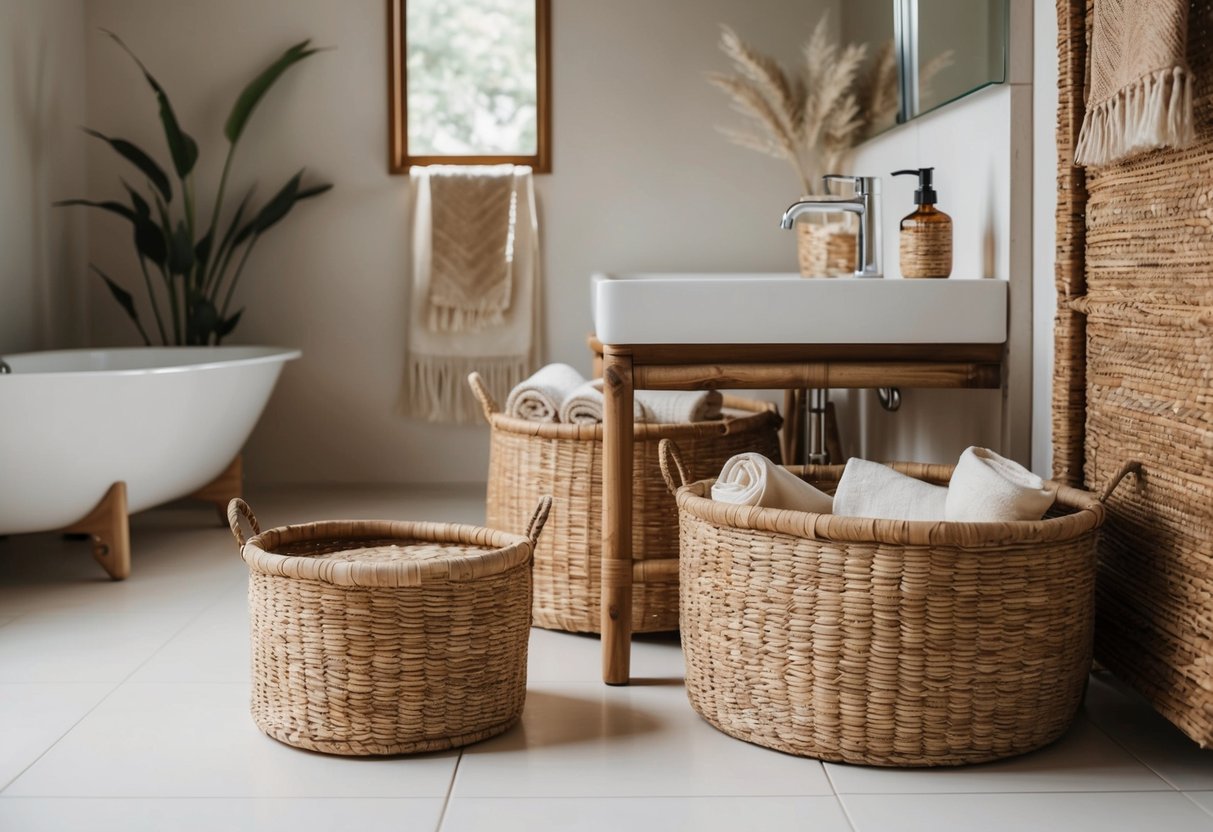 A serene, bohemian bathroom with bamboo storage baskets and natural decor