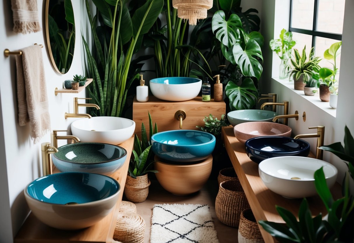 A bohemian-style bathroom with 19 ceramic vessel sinks in various shapes and colors, surrounded by lush green plants and natural materials