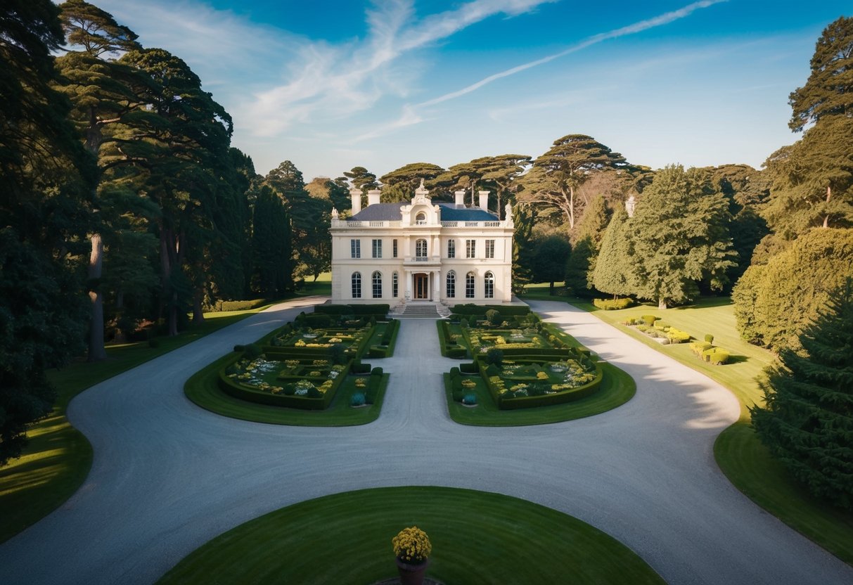 A grand mansion nestled among towering trees, with a sprawling garden and a winding driveway leading up to the ornate entrance