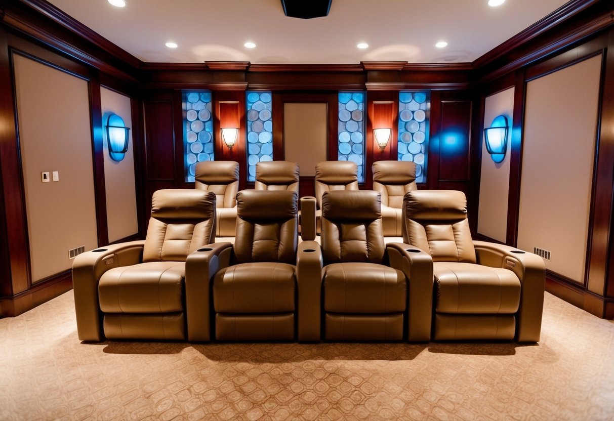 A home theater with plush reclining seats in a luxurious mansion setting