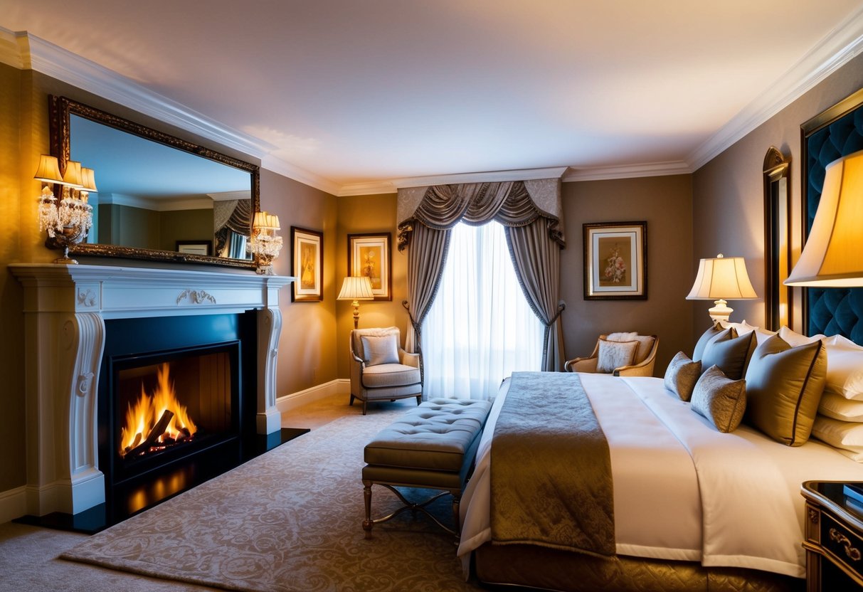 A grand master suite with a roaring fireplace, opulent furnishings, and elegant decor