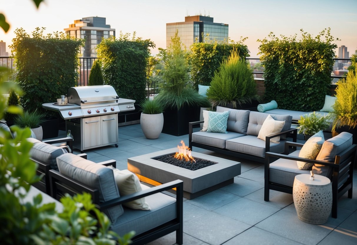 A rooftop garden with a BBQ area surrounded by lush greenery and comfortable seating, offering a luxurious and serene outdoor space for entertaining and relaxation