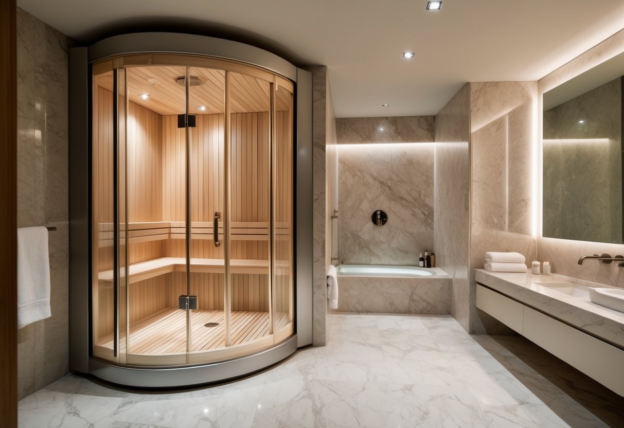 A luxurious spa bathroom with a sleek sauna and a modern steam shower, surrounded by elegant marble and soothing ambient lighting