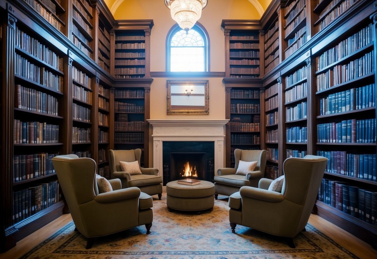 A cozy reading nook nestled in a grand two-story library, with plush armchairs, a fireplace, and towering bookshelves filled with books