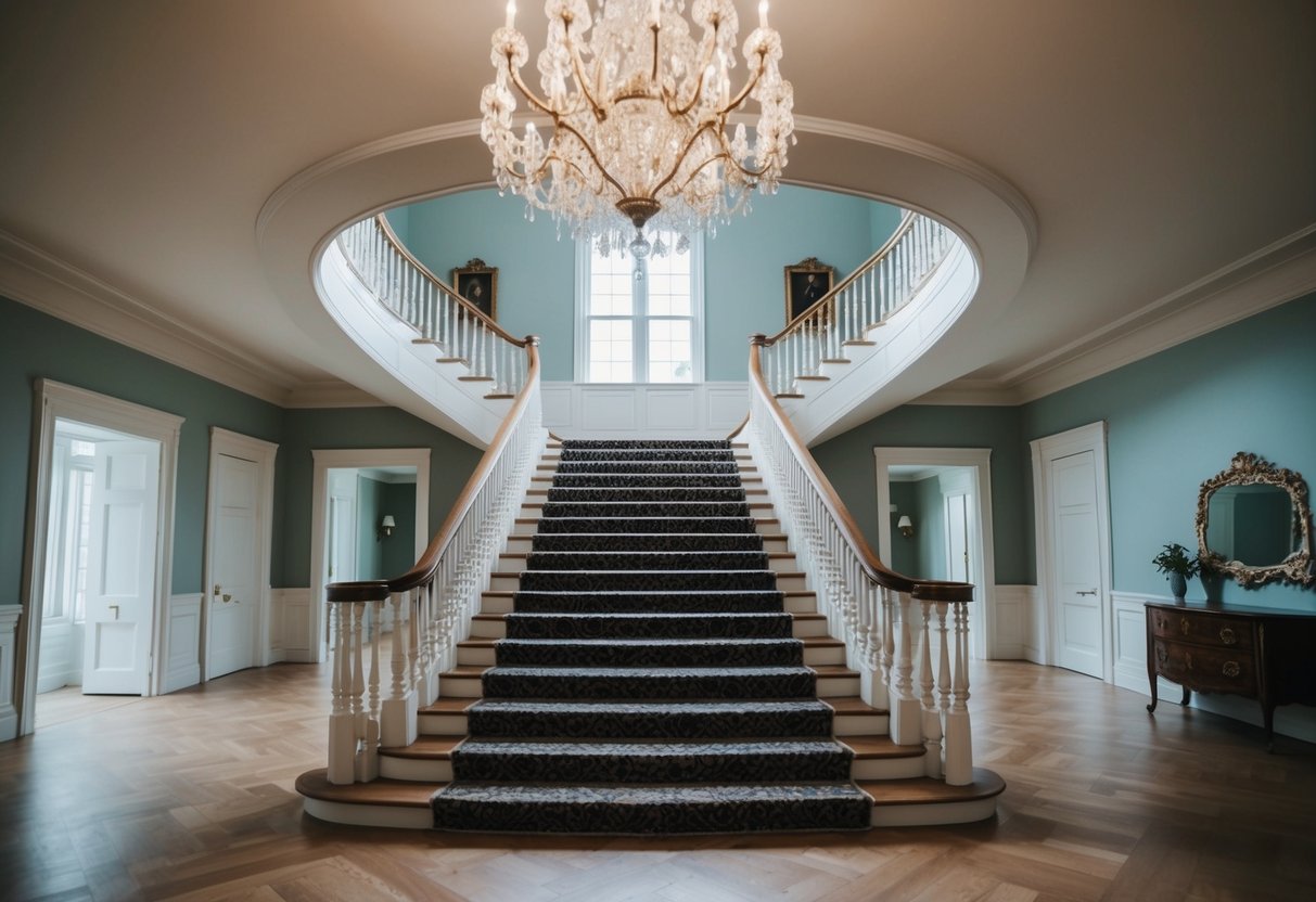 A grand hall with a sweeping, ornate staircase leading up to the second floor of a mansion