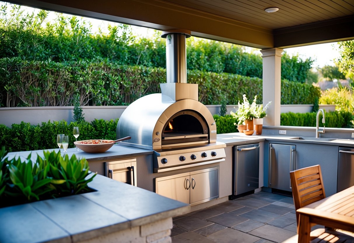 An outdoor kitchen with a pizza oven is surrounded by lush landscaping and features a spacious countertop, stainless steel appliances, and a cozy dining area