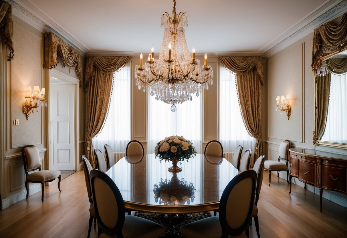 A chandelier-lit dining room in a grand mansion