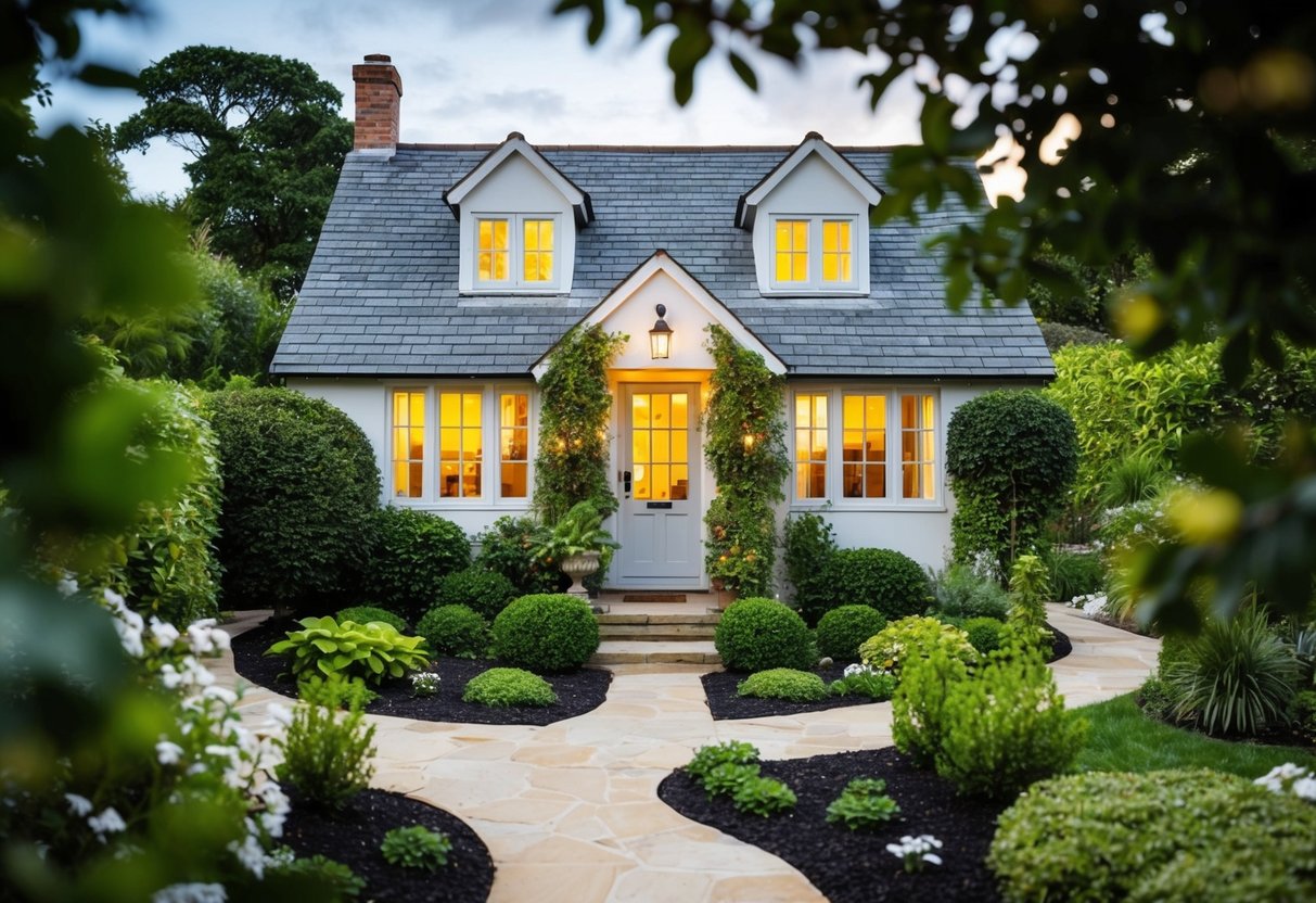 A cozy cottage surrounded by a lush garden, with a winding path leading up to the front door. A warm glow emanates from the windows, inviting and charming