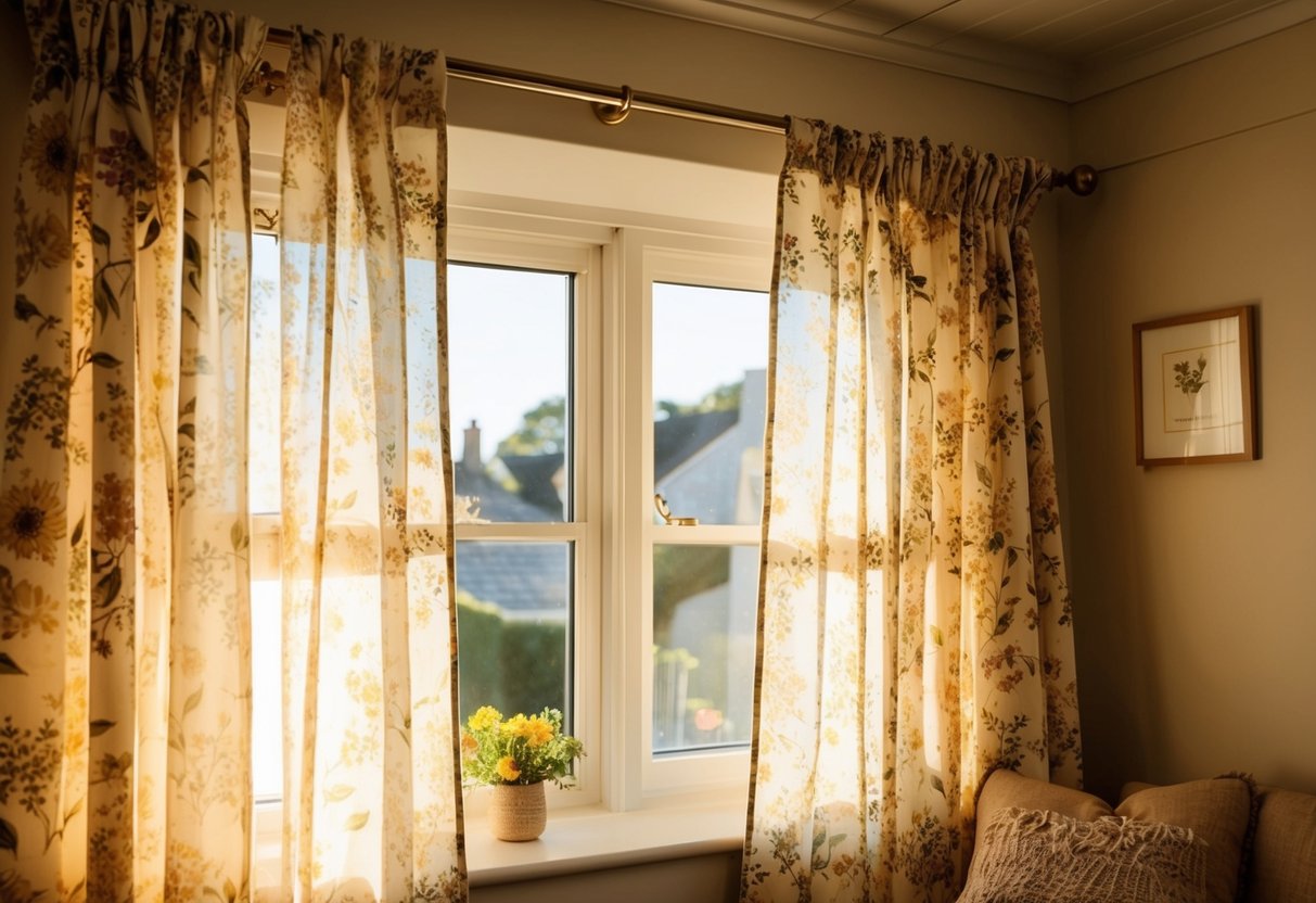 Sunlight filters through floral patterned drapes in a cozy cottage, casting a warm and inviting glow on the quaint interior