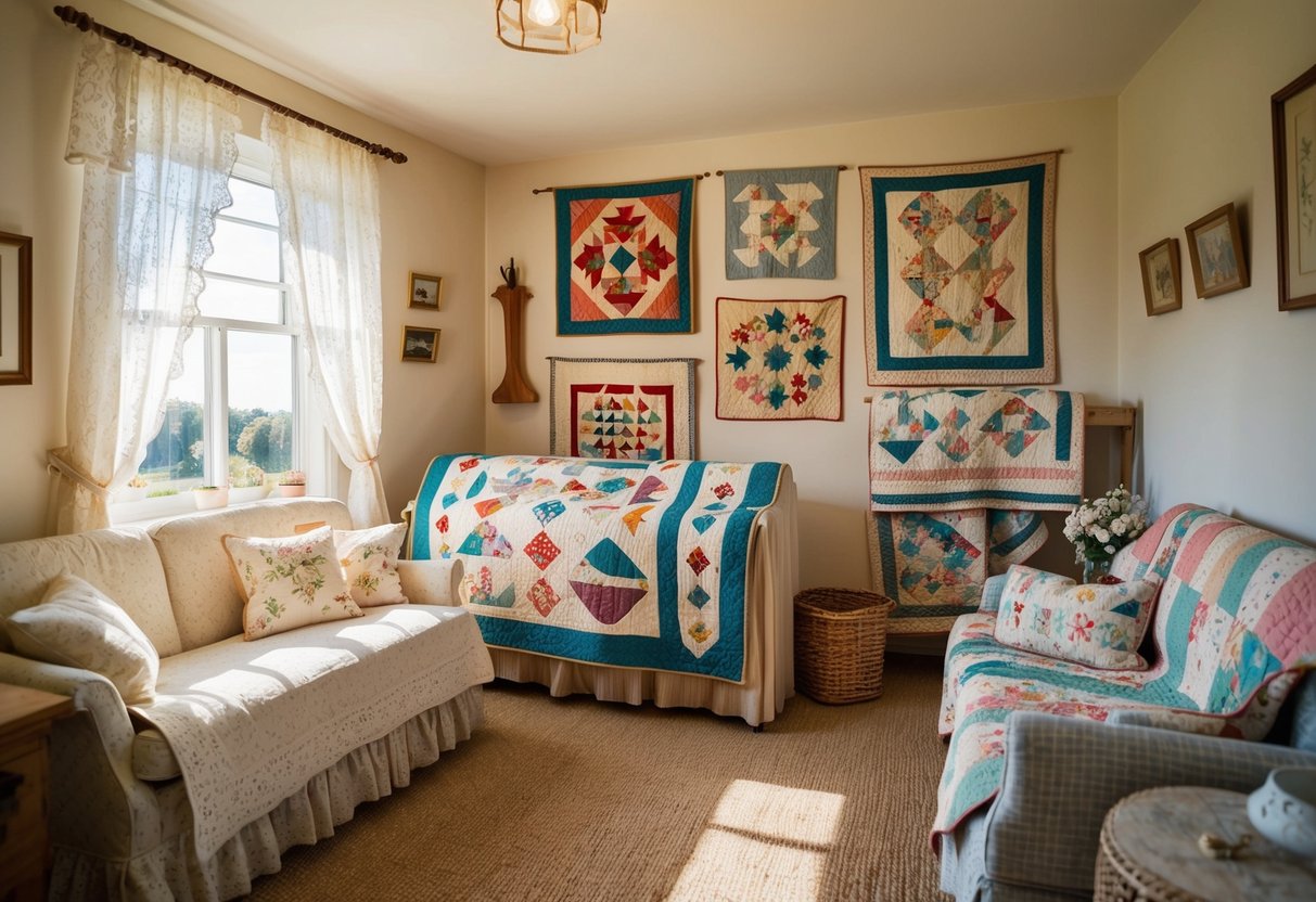 A cozy cottage interior with a collection of vintage quilts displayed on the walls and draped over furniture. Sunlight streams through lace curtains