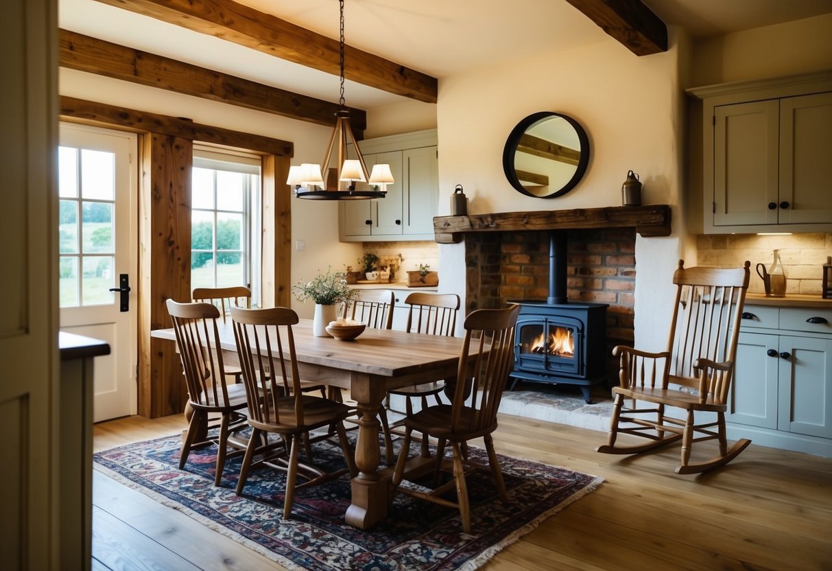 A cozy cottage interior with handcrafted wooden furniture, including a rustic dining table, chairs, and a charming rocking chair by the fireplace