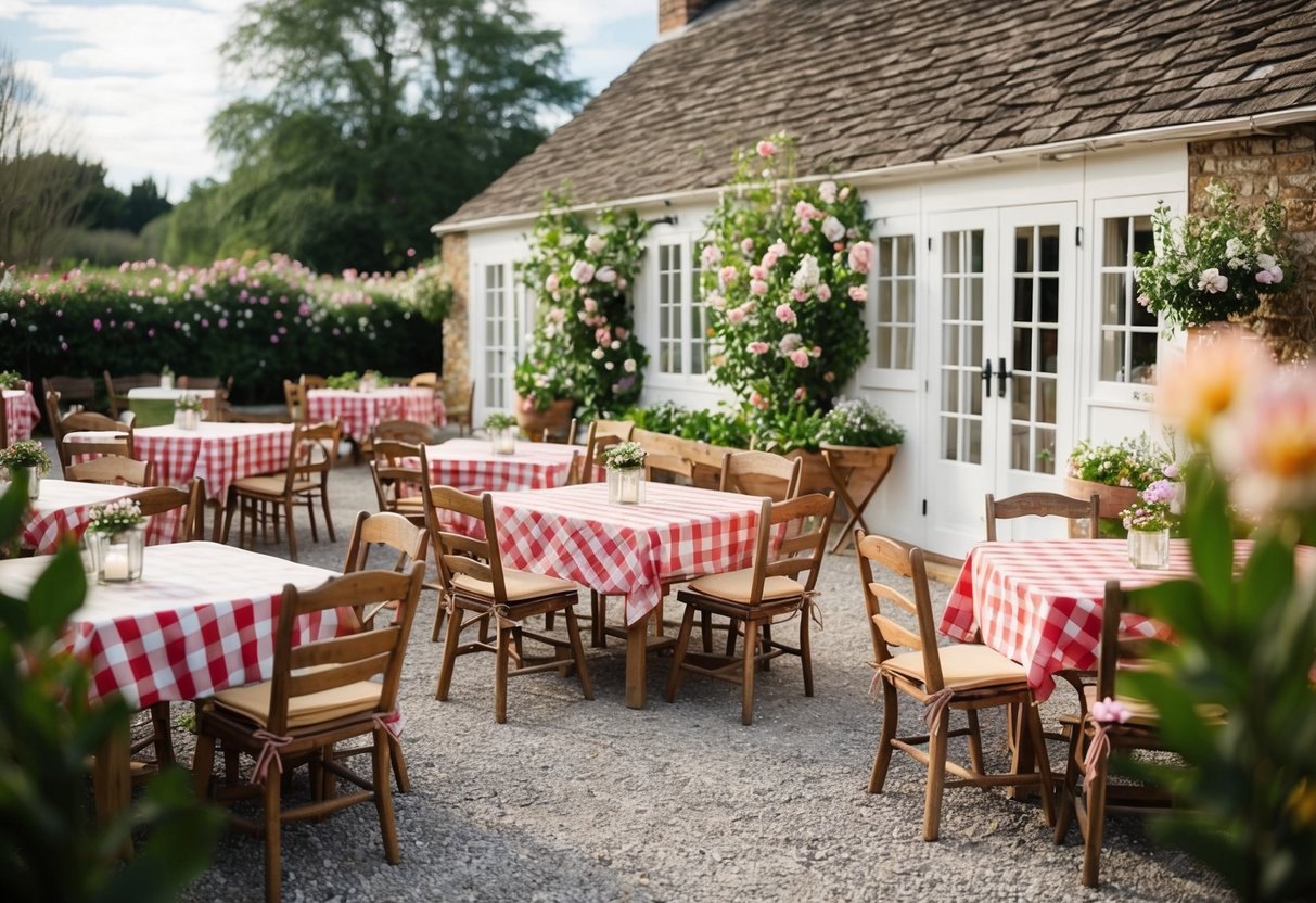 A cozy cottage patio with 15 tables covered in checkerboard tablecloths, surrounded by blooming flowers and quaint wooden chairs