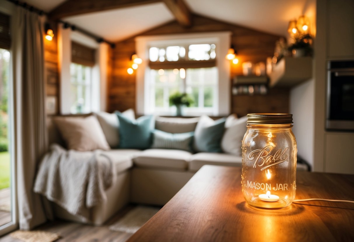 A cozy cottage interior with mason jar lighting, casting a warm and inviting glow