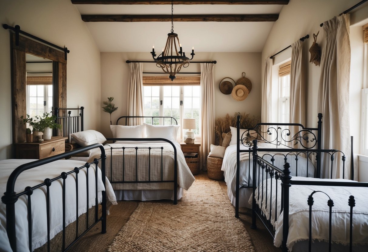 A cozy cottage bedroom with 15 different iron bed frames, each unique in design and style, surrounded by rustic decor and soft, inviting linens