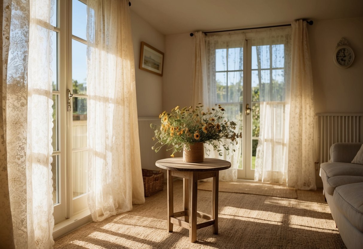 Sunlight filters through lace curtains in a cozy cottage, casting delicate patterns on the floor and walls. A vase of wildflowers sits on a rustic table, adding a touch of charm to the room