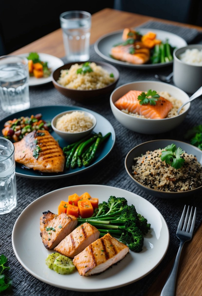 A table set with various high protein dinner dishes, including grilled chicken, salmon, quinoa, and vegetables. A glass of water and a fork accompany the meal