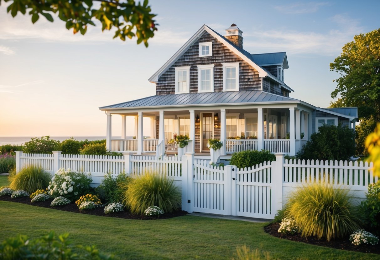 A cozy coastal farmhouse with a wrap-around porch, weathered wood siding, a white picket fence, and a lush garden with blooming flowers