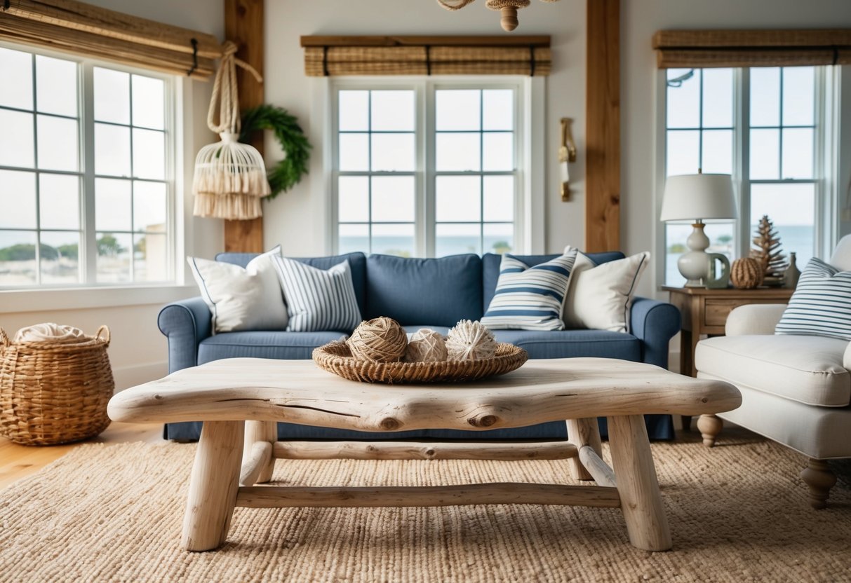 A driftwood coffee table sits in a cozy coastal farmhouse living room, surrounded by nautical decor and natural light streaming in from the windows