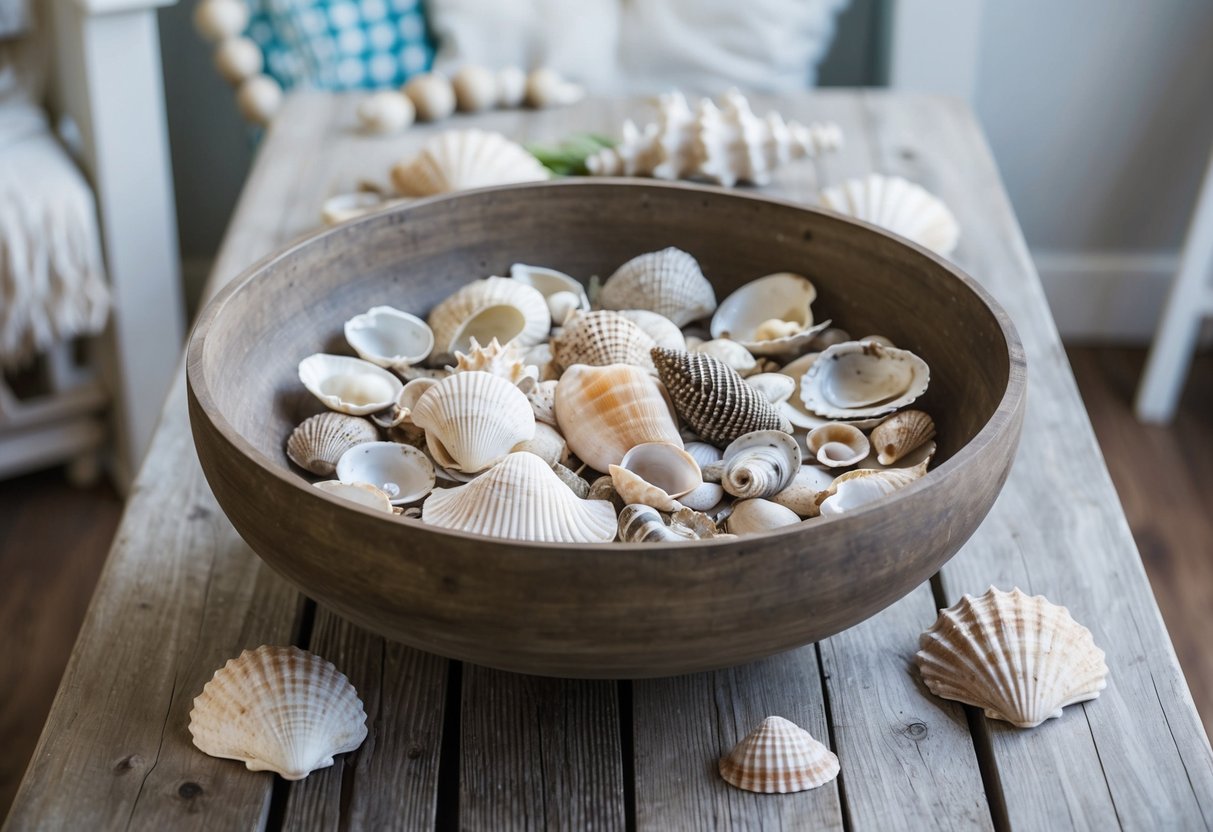 A weathered wooden table holds a large seashell display bowl filled with an assortment of shells, surrounded by coastal farmhouse decor