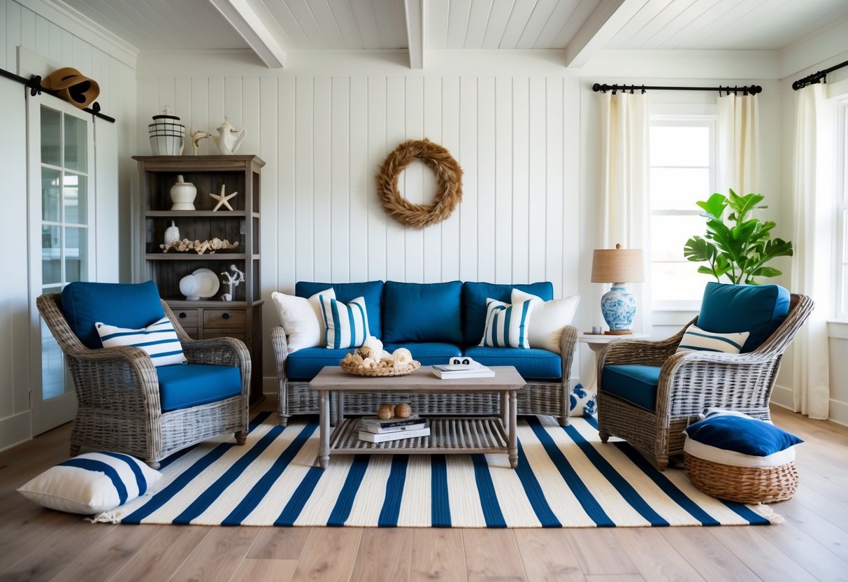 A cozy coastal farmhouse living room with a striped rug, wicker furniture, and nautical decor