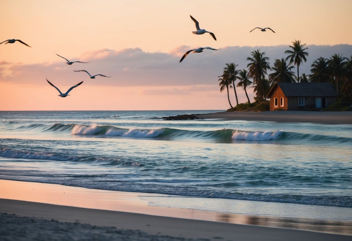 A serene beach at sunset, with gentle waves rolling onto the shore, seagulls flying overhead, and a rustic farmhouse nestled among palm trees