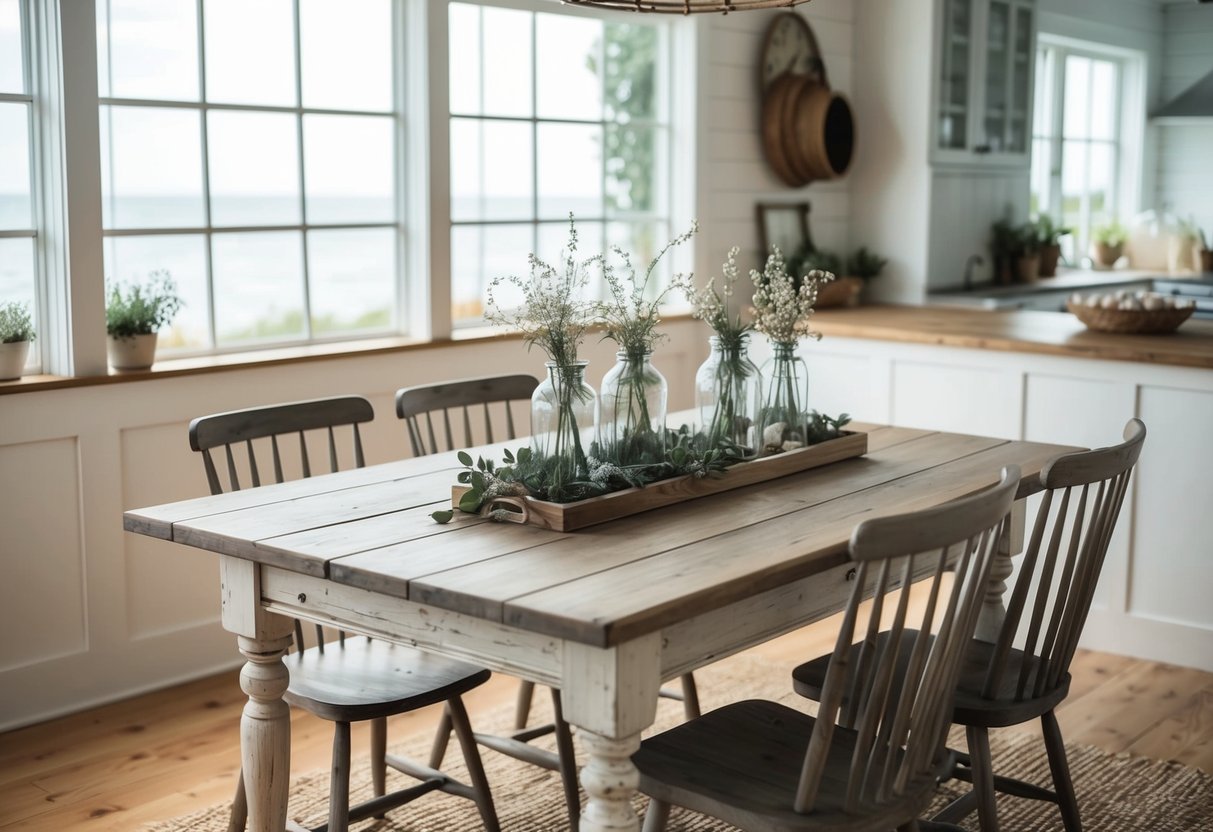 A distressed wood dining table set in a coastal farmhouse, surrounded by rustic decor and natural light filtering through the windows