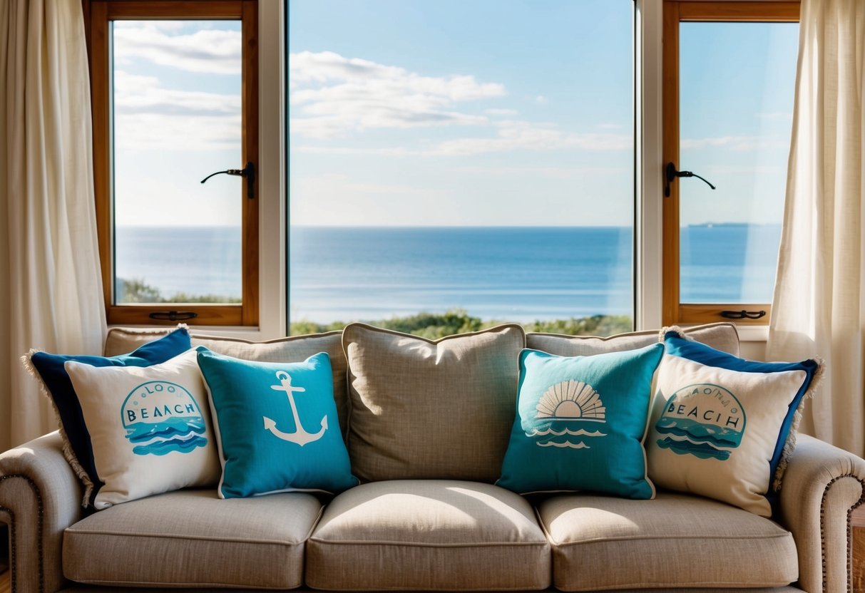 A cozy living room with beach-themed throw pillows on a rustic farmhouse couch, overlooking a serene coastal landscape through a large window