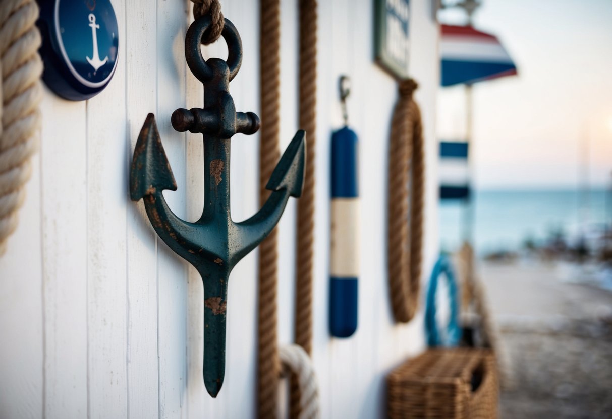 A weathered anchor hangs on a whitewashed wall, surrounded by nautical decor and seaside elements