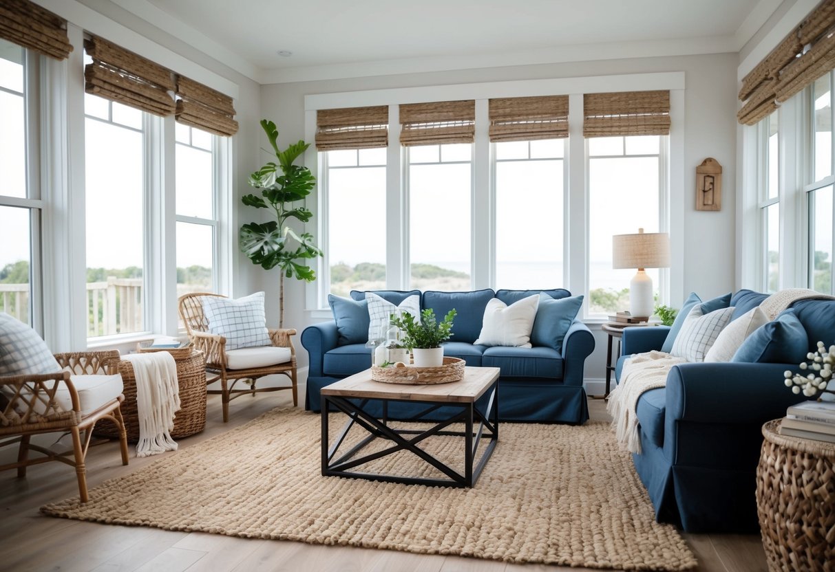 A cozy living room with a chic jute area rug, surrounded by coastal farmhouse decor and natural light streaming in through the windows