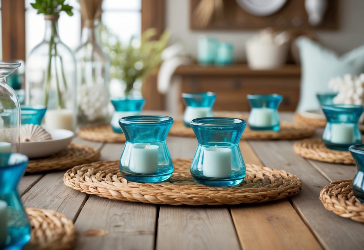 A rustic wooden table with sea glass votive holders, surrounded by coastal farmhouse decor