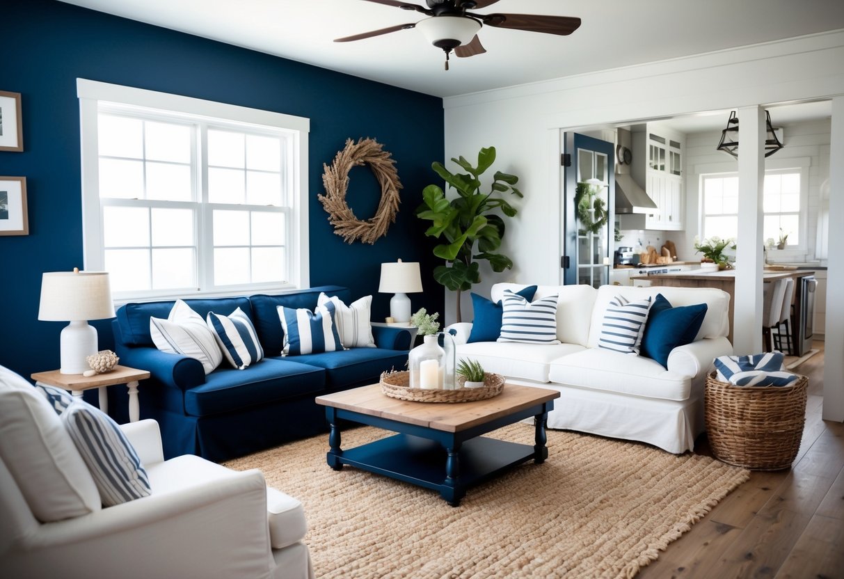 A cozy coastal farmhouse living room with navy blue accent walls, adorned with nautical decor and natural textures