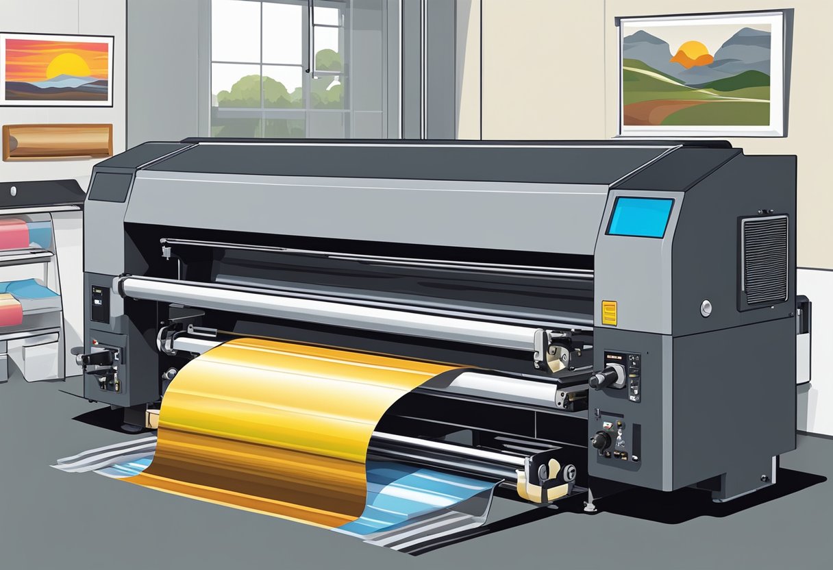 A vinyl printing machine applies heat to transfer a design onto a fabric, with rolls of vinyl and a heat press in the background