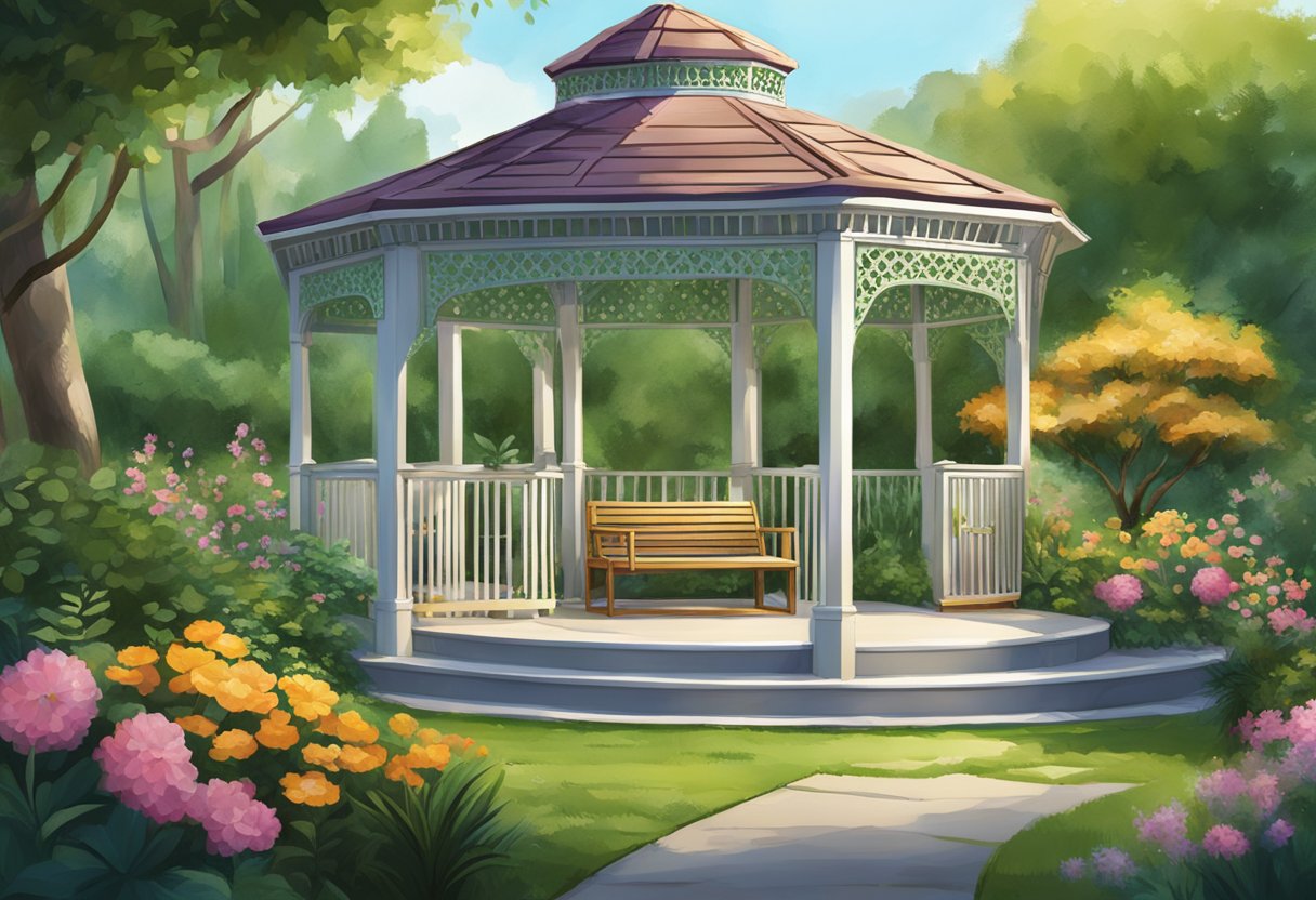 A gazebo adorned with prominent branding, set in a lush garden