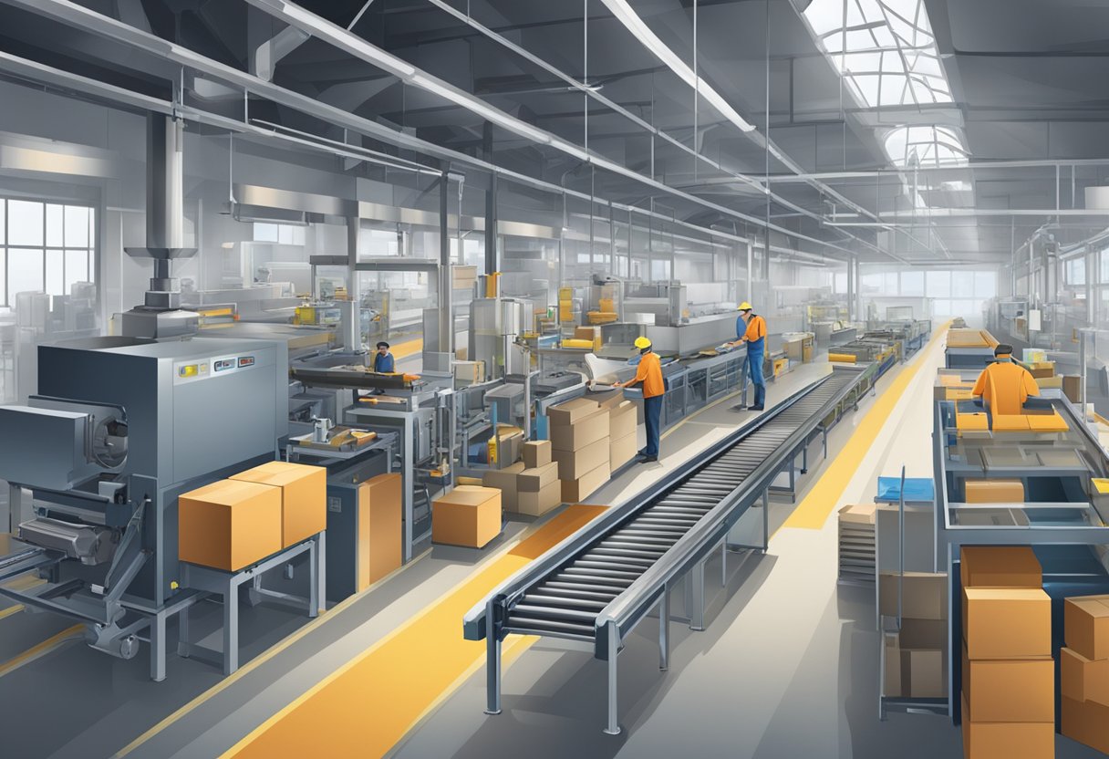 A factory with conveyor belts, machines, and workers packaging products