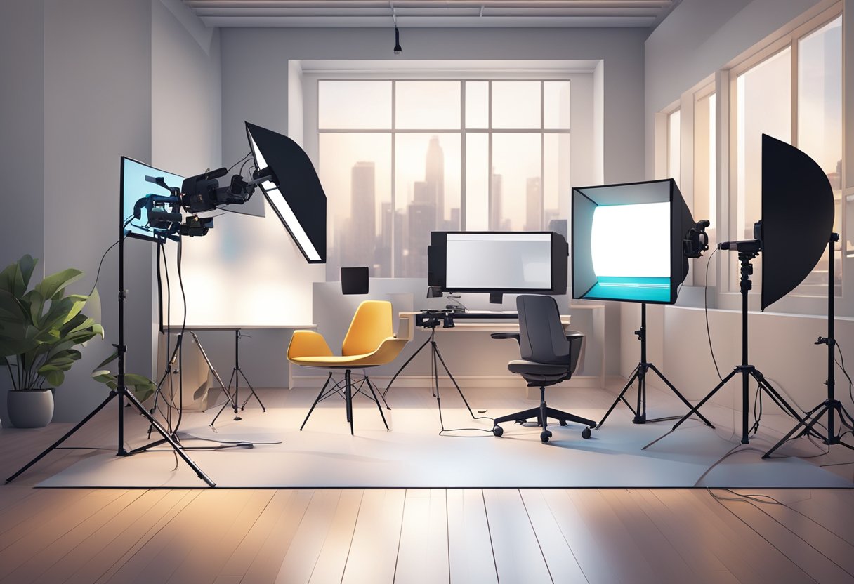 A sleek, modern studio with professional video equipment and bright lighting, showcasing the process of creating engaging brand videos