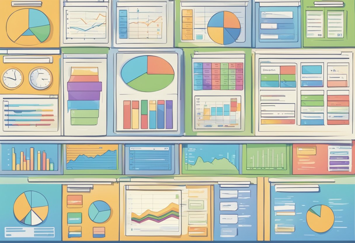 A computer screen displays a user-friendly interface with various tabs for scheduling, employee profiles, and performance tracking. Graphs and charts show data analysis