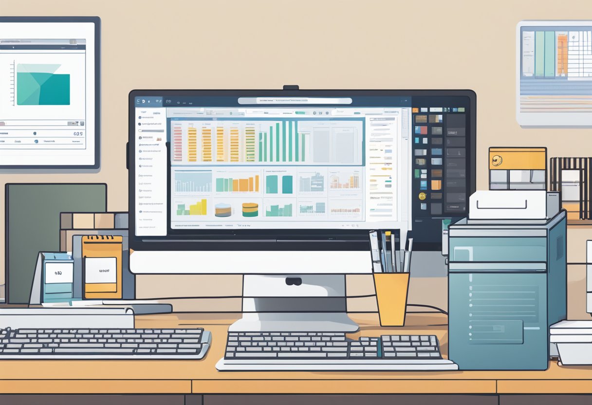 A computer screen displays an organized grid of products and quantities, with search and filter options visible. Nearby, a barcode scanner and printer sit on a desk