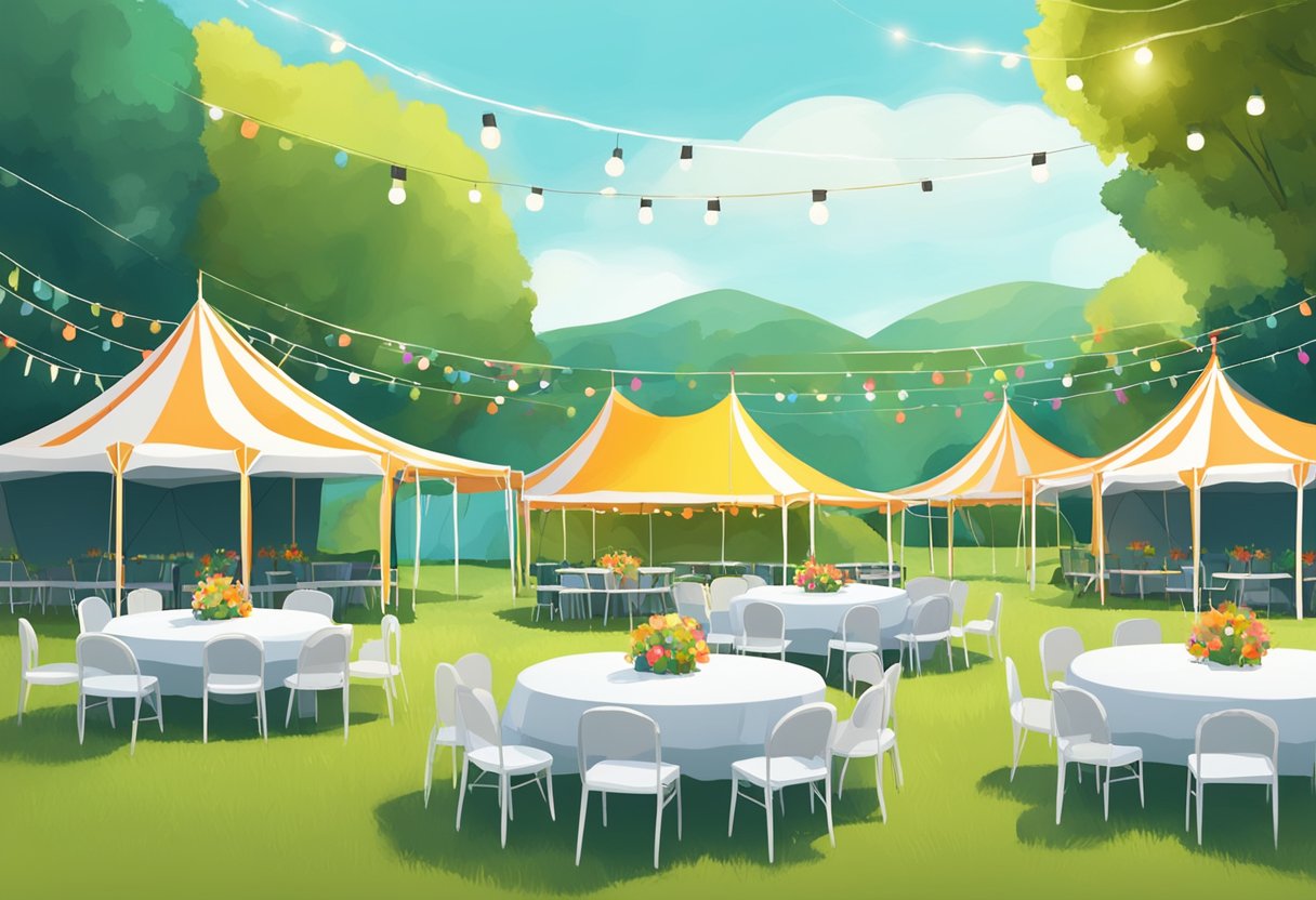 Colorful tents set up in a grassy field, with tables and chairs arranged beneath them. Festive decorations and string lights add to the party atmosphere