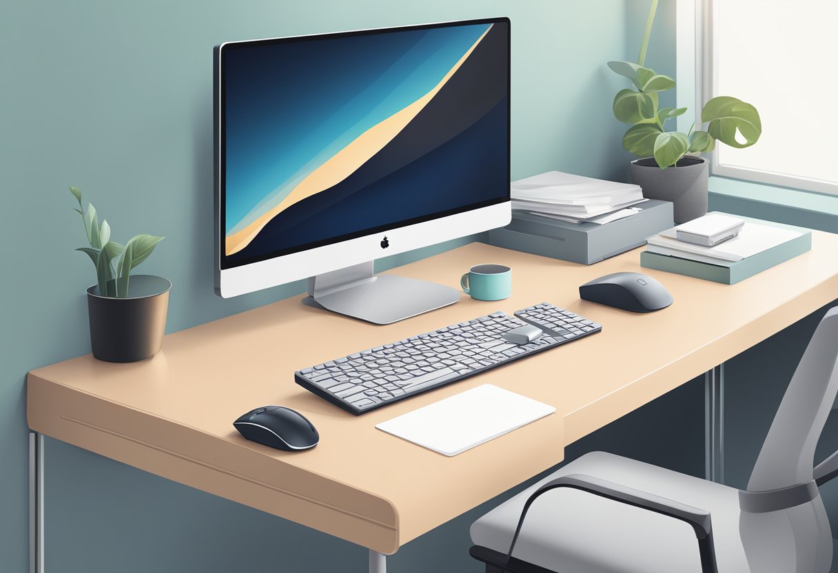 A sleek, modern desk with a Logitech wireless keyboard and mouse placed neatly in front of a computer monitor