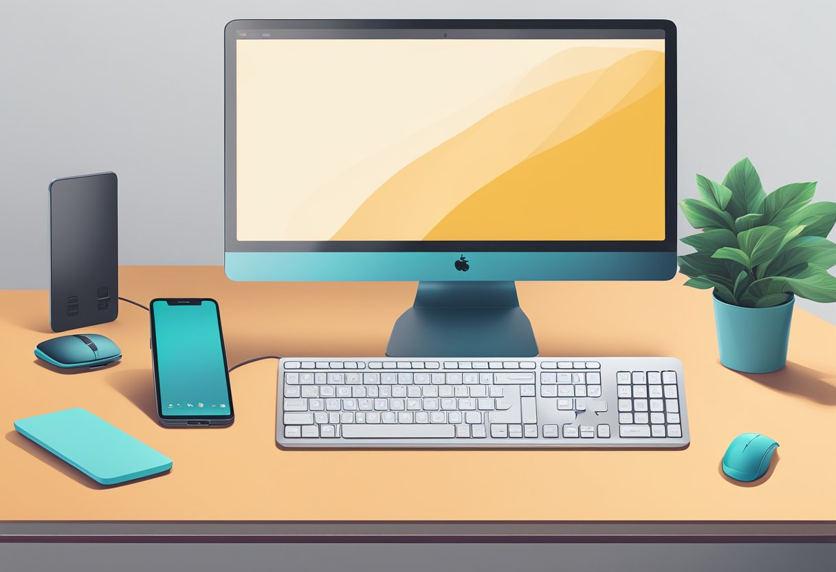 A sleek, modern desk with a Logitech wireless keyboard and mouse neatly arranged next to a laptop and a phone