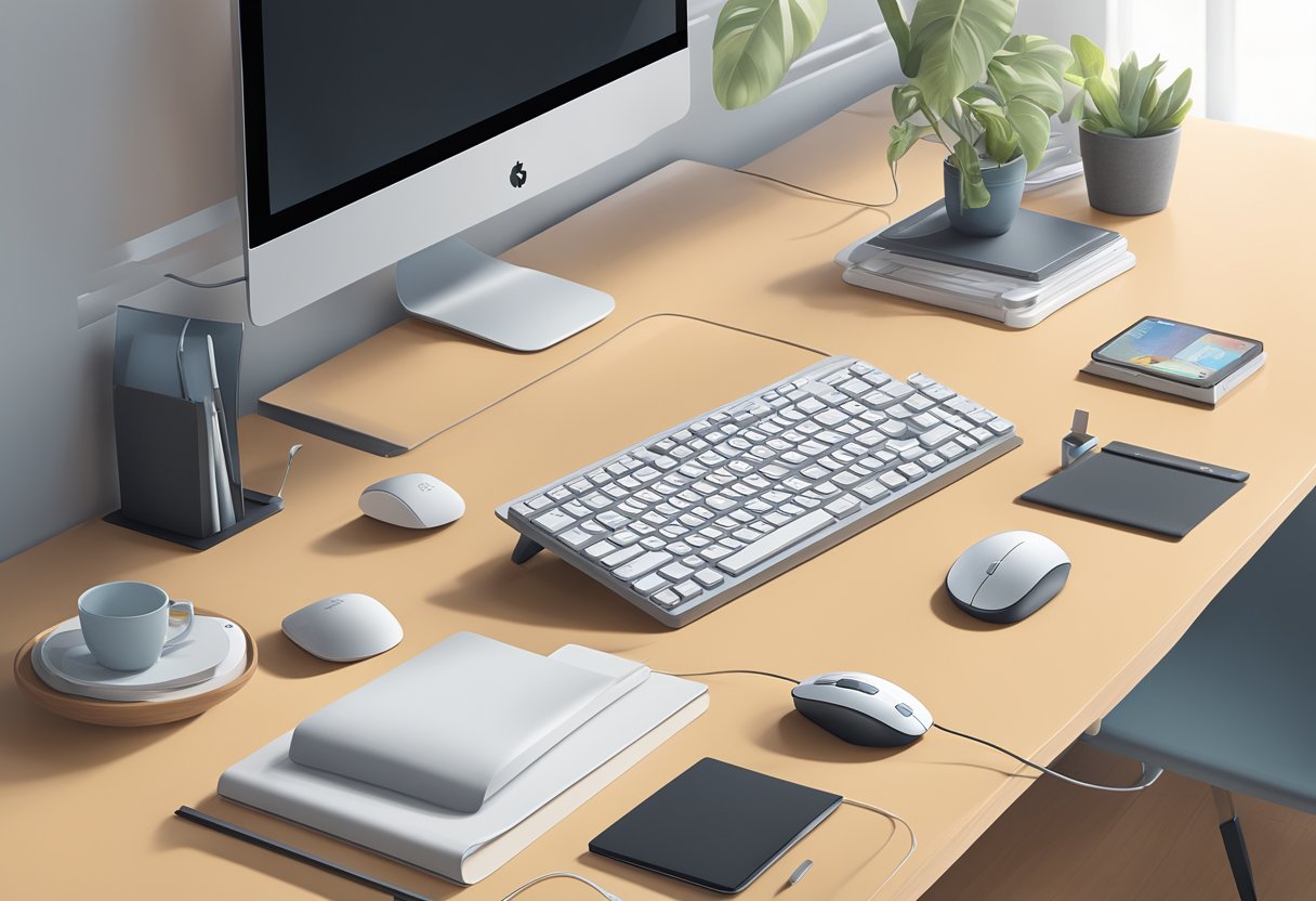 A sleek, modern desk setup with a Logitech wireless keyboard and mouse, illuminated by soft natural light