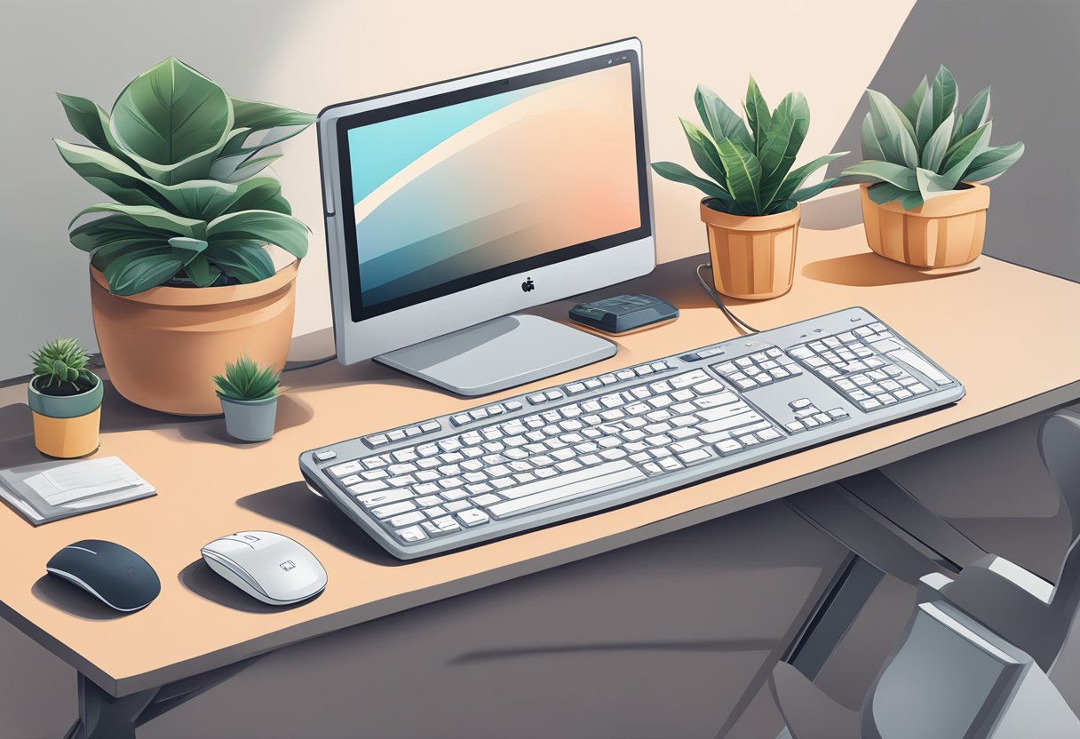 A sleek desk with a Logitech wireless keyboard and mouse, a computer monitor, and a potted plant