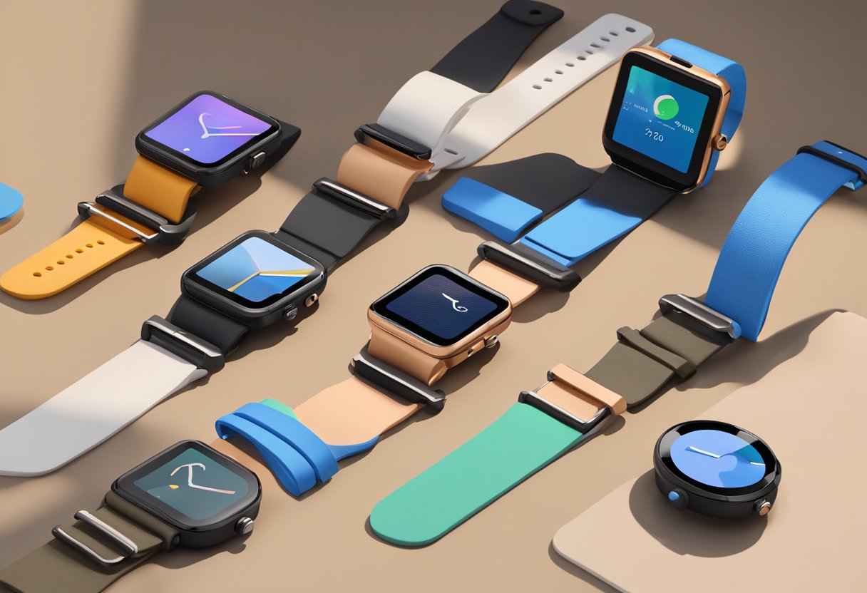 A Google Pixel watch with interchangeable bands displayed on a sleek, modern surface