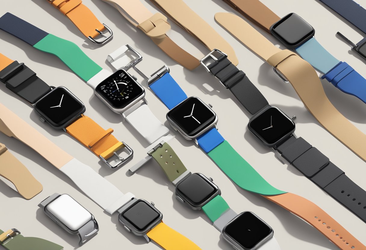 A variety of google pixel watch bands displayed on a sleek, modern table with different design and material options