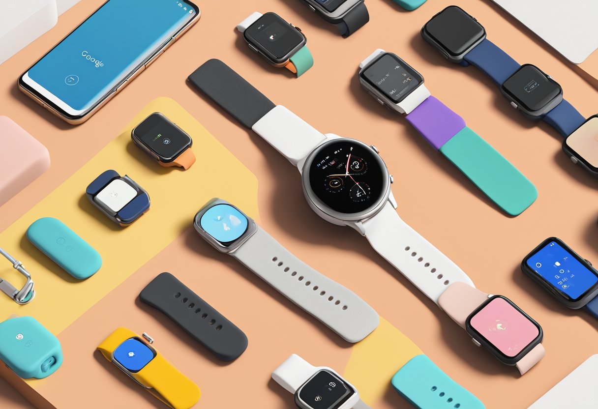 A Google Pixel watch surrounded by a variety of specialty and functional bands in a neatly organized display