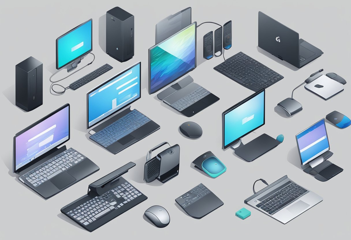 Various electronic devices are arranged in a neat and organized manner, with Logitech Connection Utility being used to establish connections between them