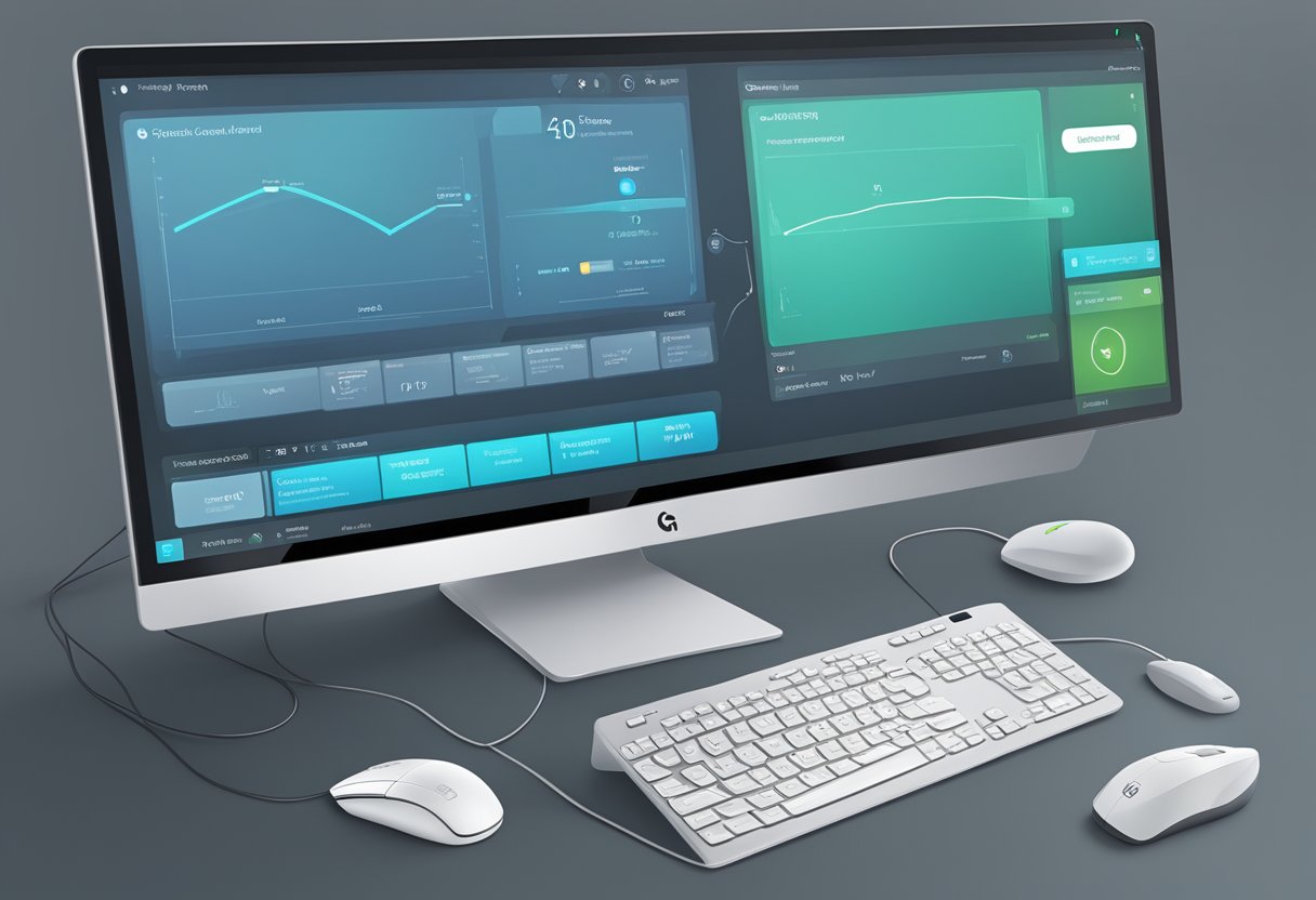 A computer screen displays the Logitech Connection Utility interface with a wireless mouse connected