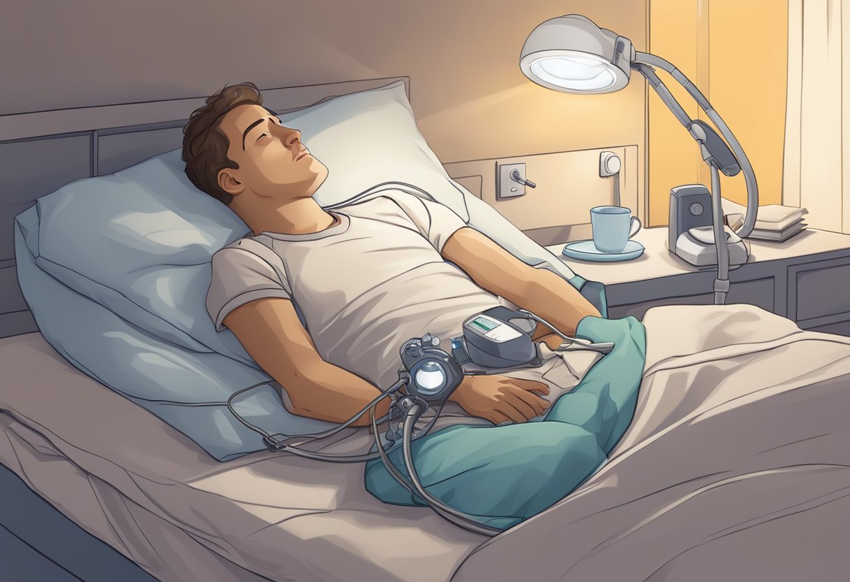 A person lying in bed with a sleep apnea machine on the bedside table, softly illuminated by a reading lamp