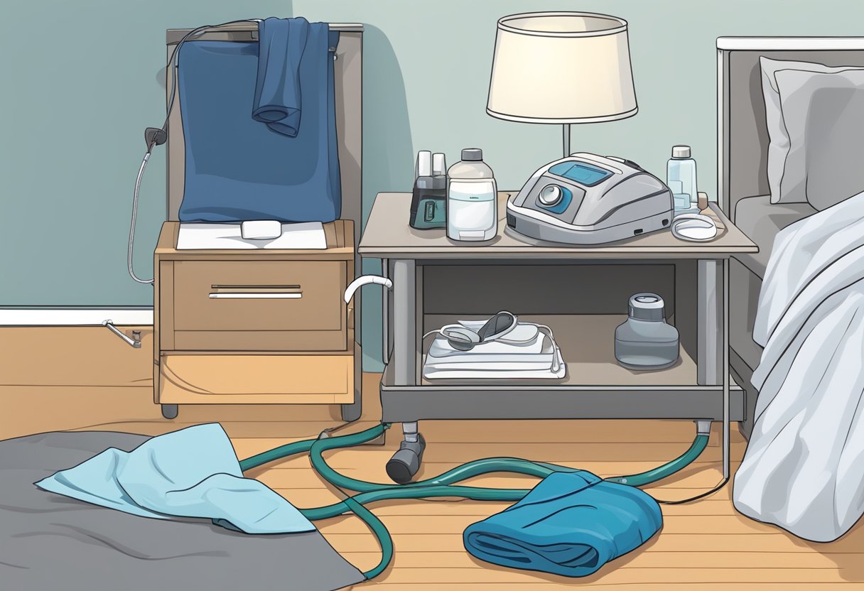 A bedside table holds a CPAP machine, tubing, mask, and cleaning supplies. A small brush and cloth are nearby for maintenance