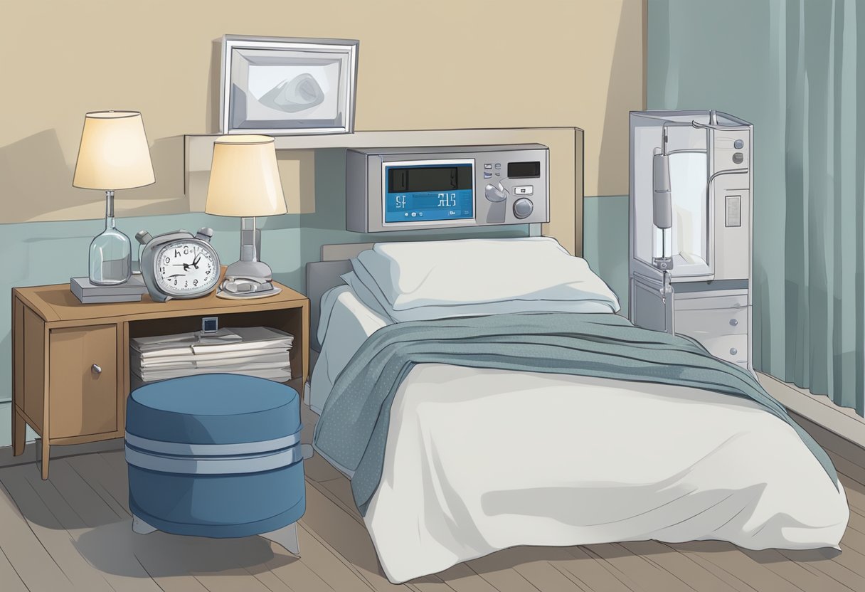 A bedroom with a bedside table holding a CPAP machine, mask, and water chamber. A clock on the wall shows the time